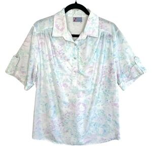 80s Vintage David Peet Pastel Floral Blouse 90s Watercolor Textured Cotton Top L
